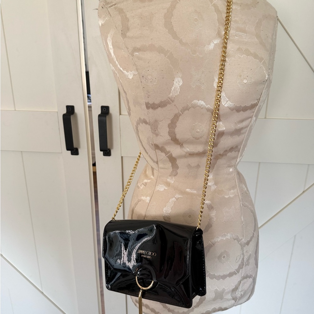 Jimmy Choo Parfums Black Patent Crossbody Bag with Gold Chain